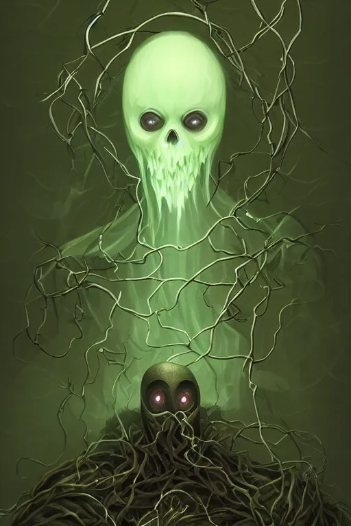 Prompt: A full body portrait of a ghost like character with no face, glowing eyes and a very long hooded dark green cloak made of leaves and vines art by Shaddy Safadi and Jason Chan, ominous, cosmic horror, trending on artstation, Ultra detailed, hyper realistic 4k