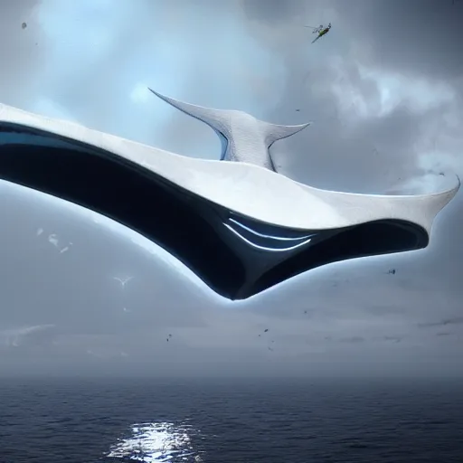 Image similar to a manta ray shaped futuristic spaceship in a stunning landscape by Eng, Kilian, ultra-detailed, hyper-realistic, 8k,