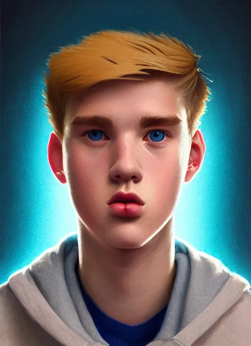 Image similar to portrait of high school senior boy named big moose, blonde short hair, jock, beefy, wide face, square jaw, square facial structure, blue varsity jacket with letter r, intricate, elegant, glowing lights, highly detailed, digital painting, artstation, concept art, sharp focus, illustration, art by wlop, mars ravelo and greg rutkowski