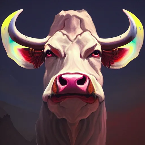 Image similar to painting of the cow king from diablo two, by beeple, artstation ,chic ,elite,detailed