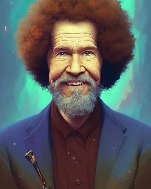 Image similar to highly detailed surreal vfx portrait of bob ross, stephen bliss, unreal engine, greg rutkowski, loish, rhads, beeple, makoto shinkai and lois van baarle, ilya kuvshinov, rossdraws, tom bagshaw, alphonse mucha, global illumination, detailed and intricate environment