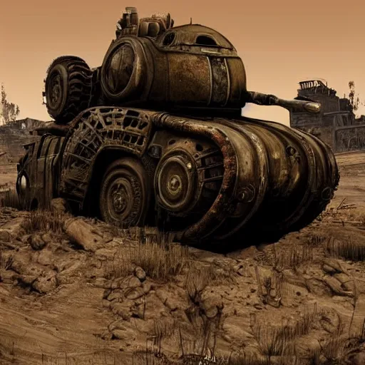 Image similar to a post-apocalyptic tank in the style of mad-max in the style of fallout in the style of metro:2033 trending on artstation deviantart Pinterest Photorealistic HD 8k highlights and shadow detailed High Resolution