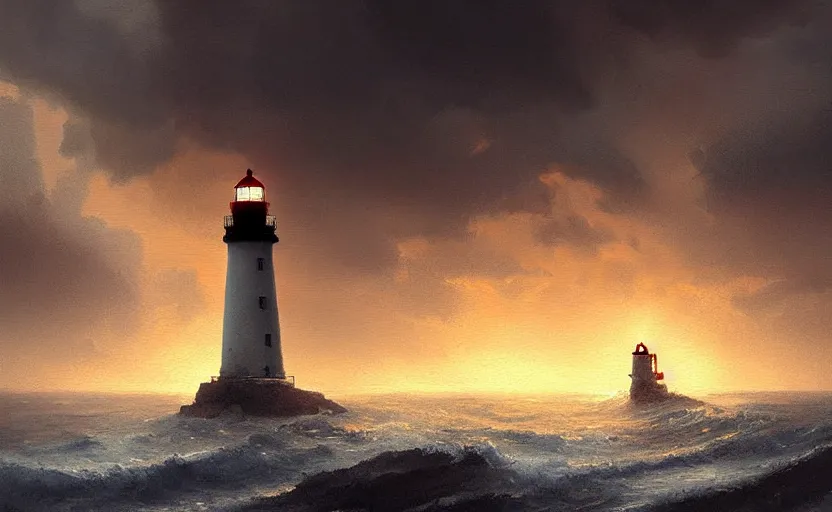 Prompt: painting of a lighthouse at sunset in a storm, natural light, concept art, by greg rutkowski, cozy atmospheric and cinematic lighting