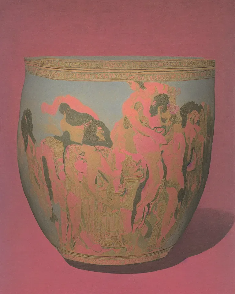 Image similar to achingly beautiful print of intricately painted ancient greek krater on a pink background by rene magritte, monet, and turner.