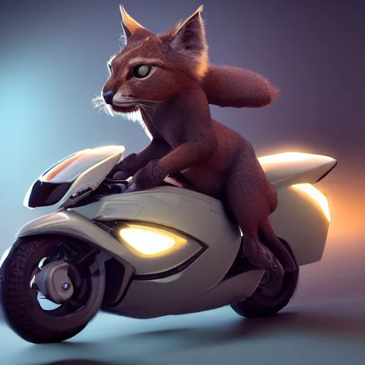 Prompt: cute fluffy caracal riding a motorcycle, hyper detailed, digital art, trending in artstation, cinematic lighting, studio quality, smooth render, unreal engine 5 rendered, octane rendered