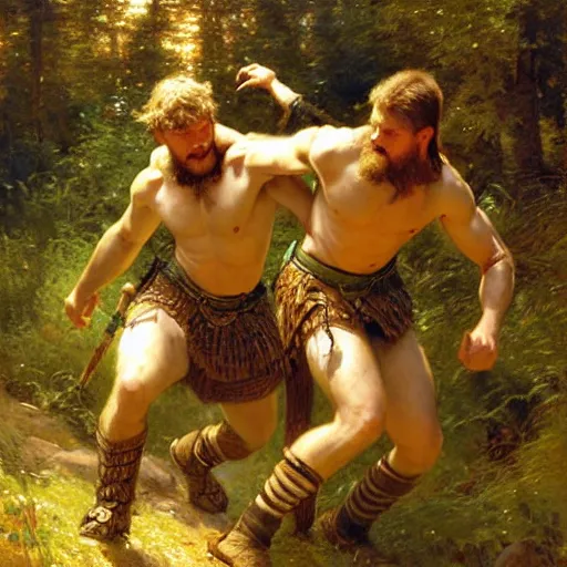 Image similar to 2 attractive male vikings frolicking in the forest. highly detailed painting by gaston bussiere, craig mullins, j. c. leyendecker, 8 k