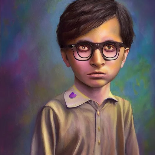 Prompt: A very detailed surreal fantasy oil painting of the boy who lived by Manjit Bawa, trending on artstation, ultraviolette color scheme