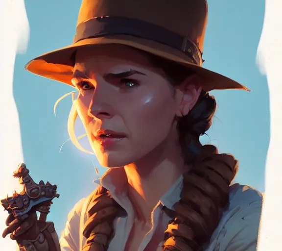 Prompt: portrait of female indiana jones, fantasy, matte painting, illustration, hearthstone, by atey ghailan, by greg rutkowski, by greg tocchini, by james gilleard, by joe fenton, by kaethe butcher, dynamic lighting, gradient light blue, brown, blonde cream and white color scheme, grunge aesthetic