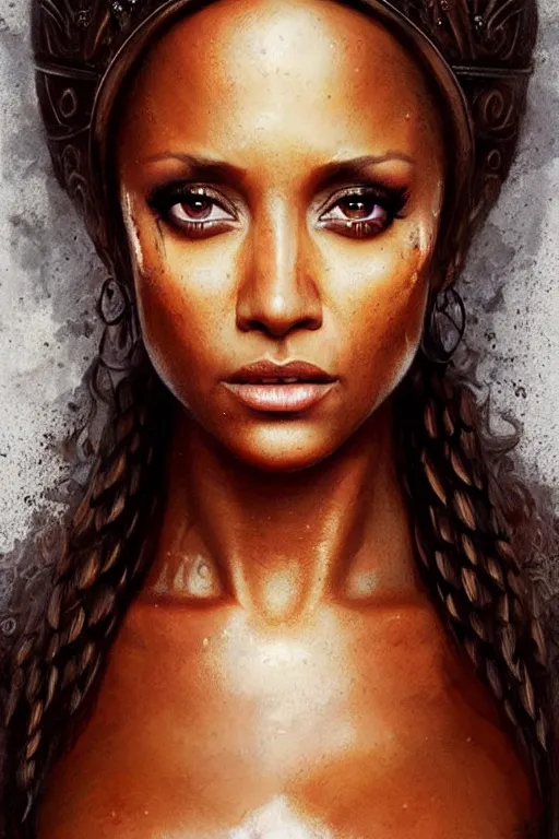 Image similar to melanie brown ( spice girls ) as greek goddess athena, hyper realistic face, beautiful eyes, fantasy art, in the style of greg rutkowski, intricate, hyper detailed, smooth