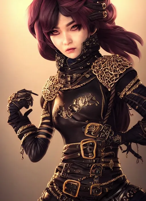 Image similar to rogue, fantasy ornate leather bandit outfit!!! close - up portrait beautiful and athletic short hair female!! gorgeous face and eyes!! character concept art, sharp focus, octane render! unreal engine 5! highly rendered!! trending on artstation!! detailed linework!! illustration by artgerm, wlop, and chie yoshii