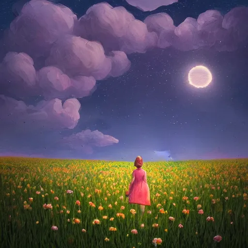Prompt: giant daisy flower as a head, girl walking in flower field, surreal photography, night moon light, dramatic, impressionist painting, clouds, digital painting, artstation, simon stalenhag