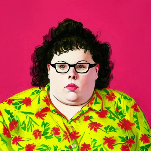 Image similar to colorful and festive cute young plus size todd solondz with tan skin, clear sharp todd solondz face, wearing yellow floral blouse. full body, rich vivid pastel colors, ambient lighting, dynamic lighting, 4 k, atmospheric lighting, painted, intricate, highly detailed by francis bacon and charlie bowater and jenny saville