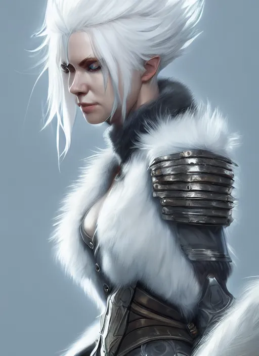 Image similar to fur - lined armor!!! beautiful and elegant white haired female!! gorgeous ayes!! character concept art, sharp focus, octane render! unreal engine 5! highly rendered!! trending on artstation!! detailed linework!! illustration by bussiere rutkowski andreas rocha