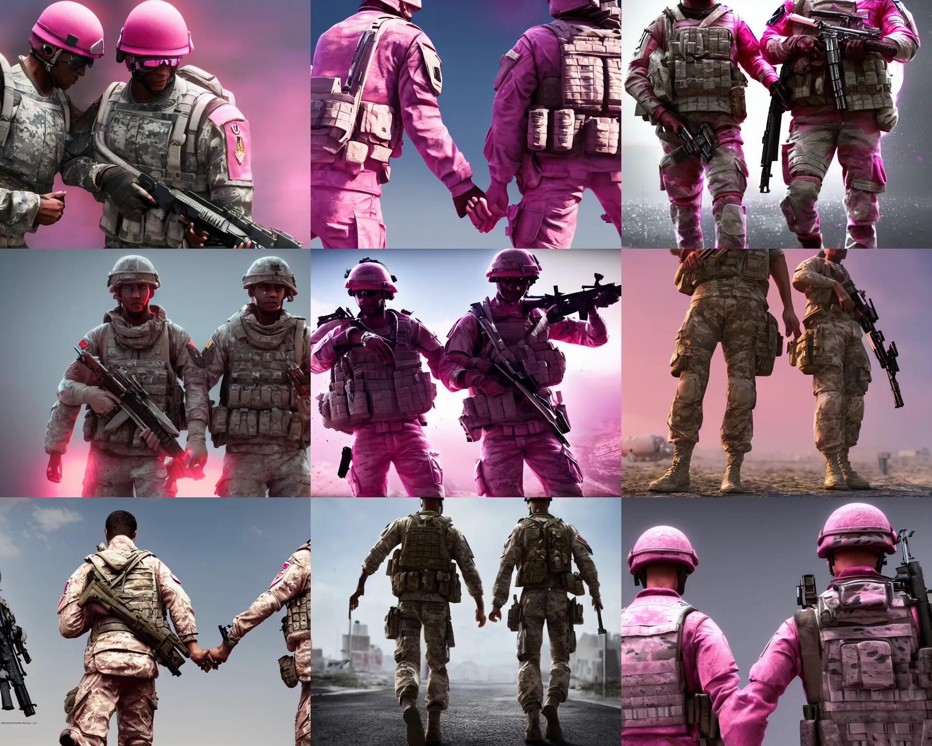 Prompt: two Battlefield 3 soldiers in pink clothes are holding their hands, artstation, Octane render, realistic, 4k,
