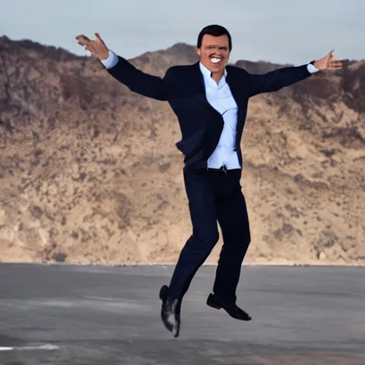 Prompt: president pedro sanchez jumping out of an airplane, epic movie still, professional photography