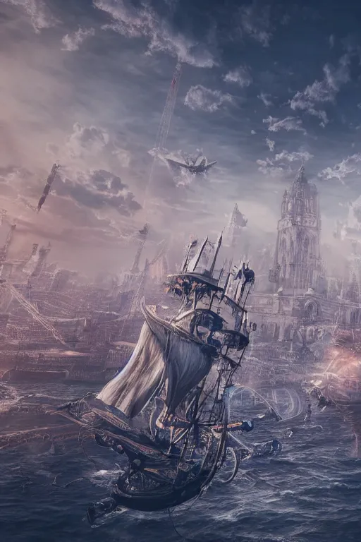 Image similar to photography of a highly detailed ghost pirate ship flying in the sky. london in background. intricate, overview, hyper realism, professional digital art, unreal engine 5, 8 k render, sharp focus, trending on art station.