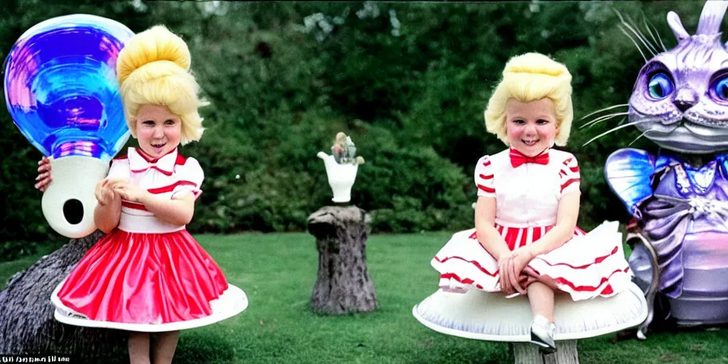 Prompt: very young donald trump dressed as alice from alice in wonderland, sits on a giant iridescent mushroom, a huge cheshire cat's smiling face can bee seen behind her