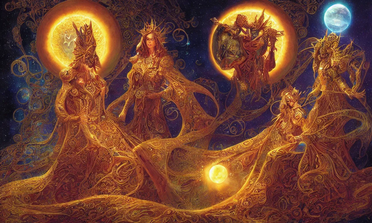 Prompt: sun king and moon queen in the cosmic court of mystical astronomy, art by james c. christensen and marc simonetti