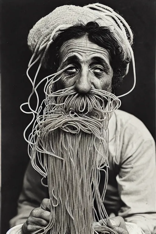 Image similar to extremely detailed portrait of old italian cook, spaghetti mustache, slurping spaghetti, spaghetti in the nostrils, spaghetti hair, spaghetti beard, huge surprised eyes, shocked expression, scarf made from spaghetti, full frame, award winning photo by james van der zee