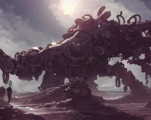 Image similar to beautiful picture of a giant octopus mecha, standing in a post-apocalyptic wasteland, anime style, art by Hajime Katoki, trending on artstation