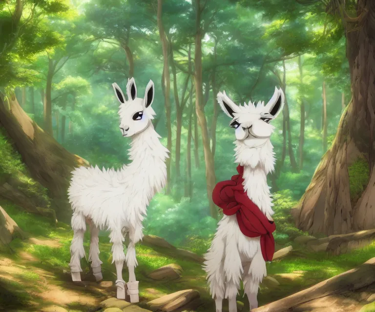 Prompt: llama in a forest, anime fantasy illustration by tomoyuki yamasaki, kyoto studio, madhouse, ufotable, comixwave films, trending on artstation