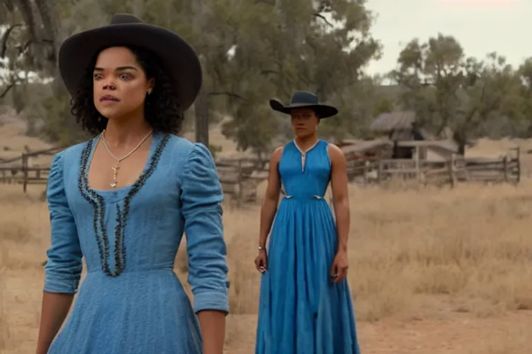 Image similar to 4 k still of tessa thompson wearing a blue dress on an old west plantation in westworld, detailed, photorealistic