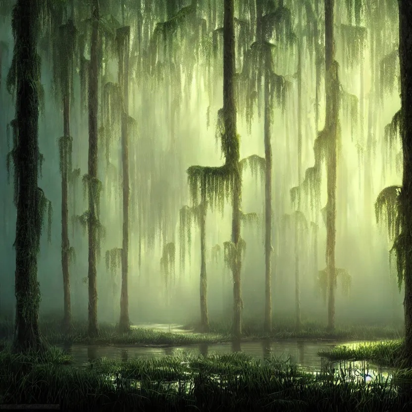 Image similar to a wet swamp with many big trees, dark colors, glowing plants, misty background, light rays, beautiful lighting, vivid colors, intricate, elegant, smooth, sharp focus, highly detailed digital painting, concept art, cinematic, unreal engine, 4 k wallpaper, svetlin velinov, tarmo juhola, artstation trending