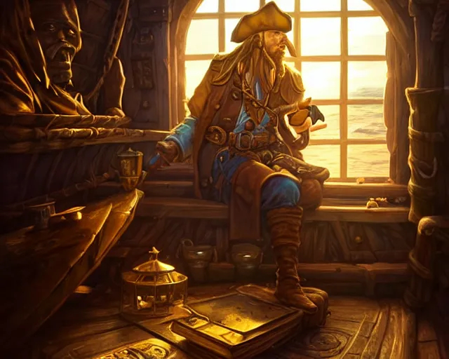 Image similar to an old pirate writing on a treasure map, light coming through window, golden hour, interior, ship, nautical, deep focus, d & d, fantasy, intricate, elegant, highly detailed, digital painting, artstation, concept art, matte, sharp focus, illustration, hearthstone, art by artgerm and greg rutkowski and alphonse mucha