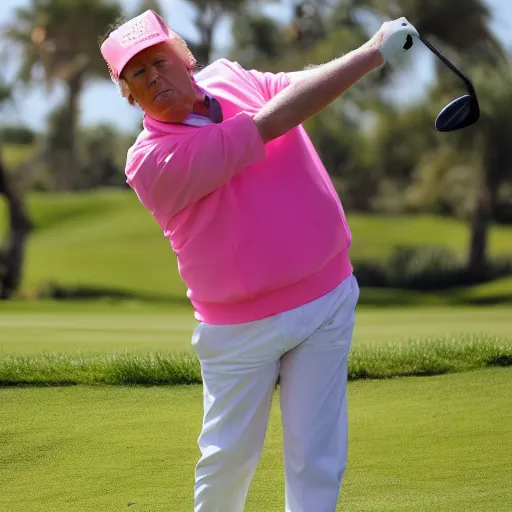 Image similar to donald trump wearing a pink mankini playing golf