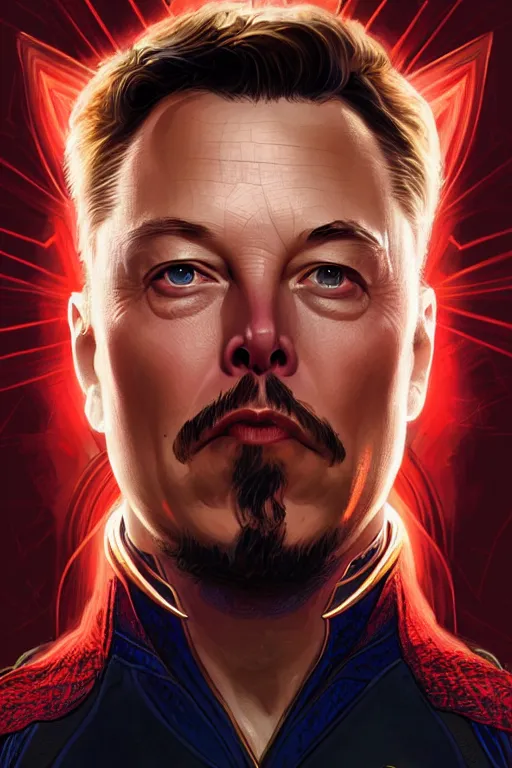 Image similar to elon musk as dr strange, realistic portrait, symmetrical, highly detailed, digital painting, artstation, concept art, smooth, sharp focus, illustration, cinematic lighting, art by artgerm and greg rutkowski and alphonse mucha