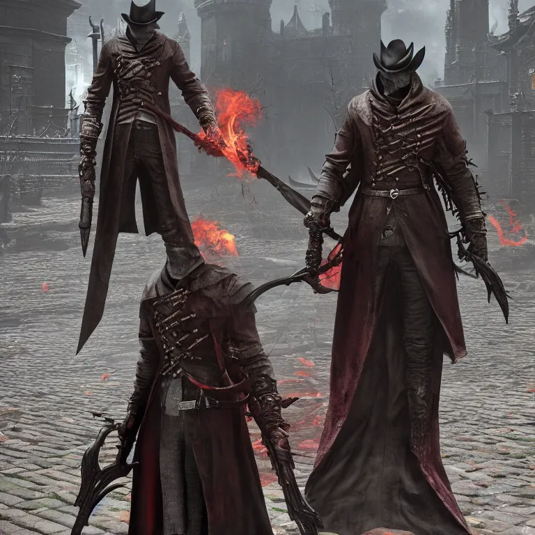 Prompt: An upset Bloodborne character standing outside of a Burger King
