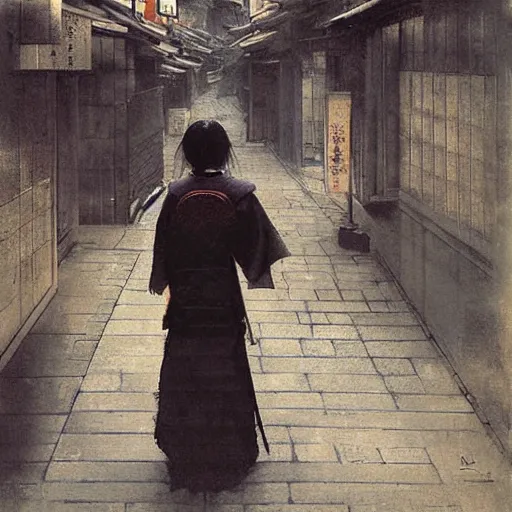 Prompt: walking the streets of old kyoto by ruan jia