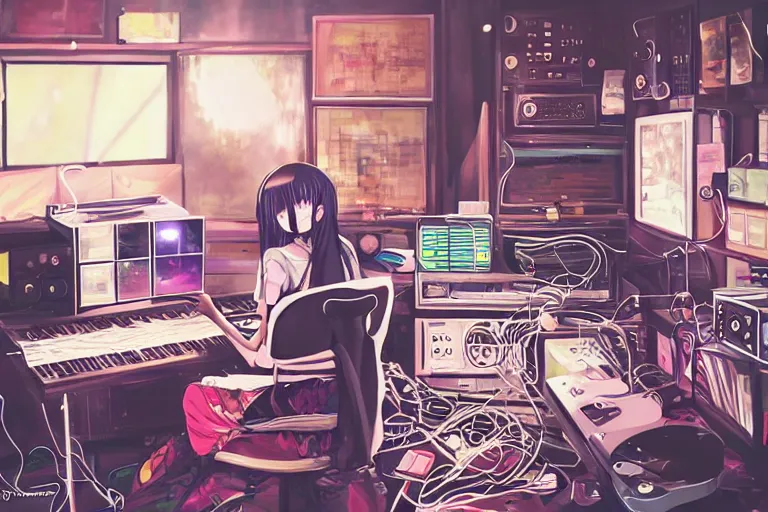 Image similar to painting of girl producing music, anime, cluttered, electronics, wire, dark lighting