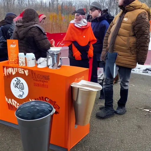 Prompt: a moose with an orange hoodie and antlers selling coffee at a stand in peterborough new hampshire, realistic, 8 k