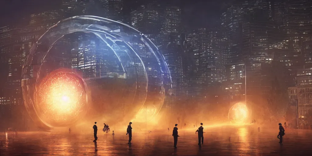 Image similar to policemen protecting a huge orange spiral - shaped bright white luminous attractor that is floating right in the center of the city from protesting people,, rain and light fog, professional lighting, concept art in 3 d, high detail, professional lighting, unreal engine