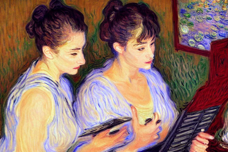 Image similar to portrait of two wise and very beautiful women discussing some texts appearing in a computer screen, art by monet, intricate, elegant, highly detailed, smooth, sharp focus, artstation