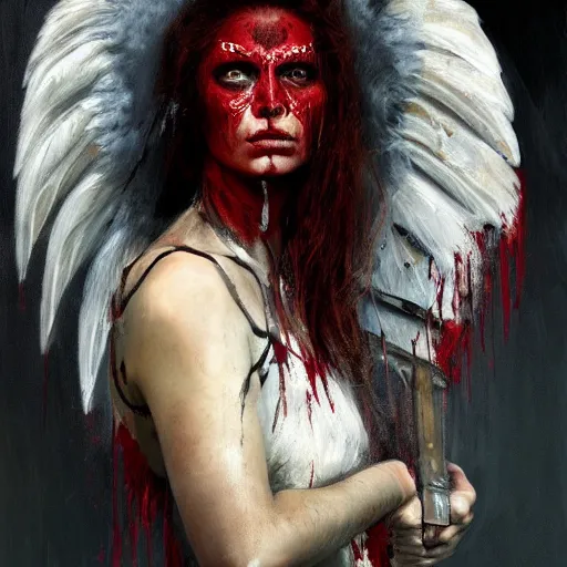 Image similar to portrait of the death angel, beautiful female face, angelic, dark, blood, by jeremy mann, by lucian freud, god rays, female indigenous warrior, warrior face painting red, wings, holding a weapon, intricate, highly detailed, trending on artstation, award winning, cinematic