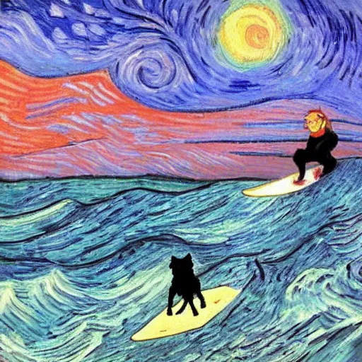 Image similar to dog and a cat surfing the sea during twilight in van gogh style