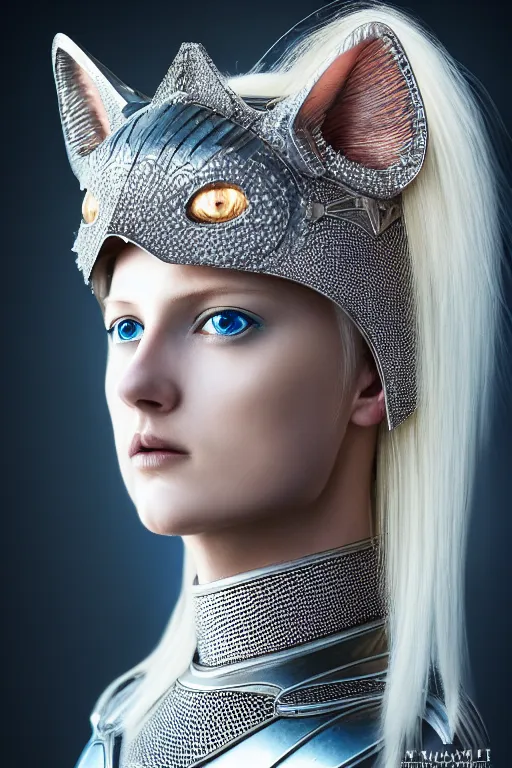 Image similar to female knight wearing a real cat on her head, armor designed by wayne barlowe, swarovski and tiffany, blonde hair, symmetry, sci - fi, cinematic, elegant, luxury, perfect light, perfect composition, dlsr photography, sharp focus, dark fantasy, 4 k, ultra hd, sense of awe, highly detailed, realistic, intricate