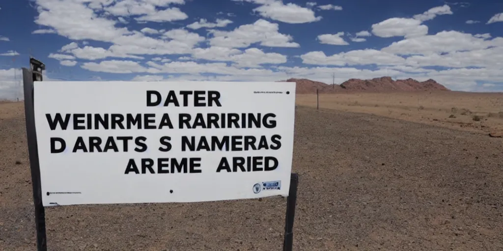 Prompt: a sign outside area 5 1 saying'warning dreamers ahead'