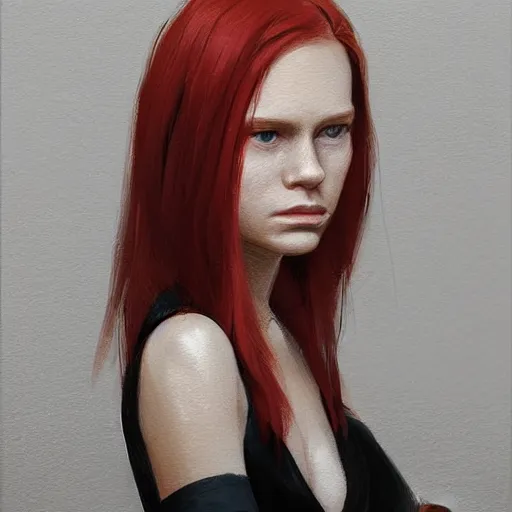 Image similar to Portrait of a woman by Greg Rutkowski, she is about 20 years old, redhead, long straight hair, beautiful oval face, wearing red and black utilitarian jumpsuit, older sister vibes, highly detailed portrait, digital painting, artstation, concept art, smooth, sharp foccus ilustration, Artstation HQ.