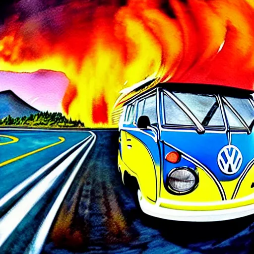 Image similar to a fisheye perspective caricature watercolor painting of a vw volkswagen bus, camper, bulli, type - 2, microbus, kombi, flying towards the camera, jumping at the viewer, dynamic action shot, fish eye lense, frontal, a dramatically erupting vulcano is seen in the background