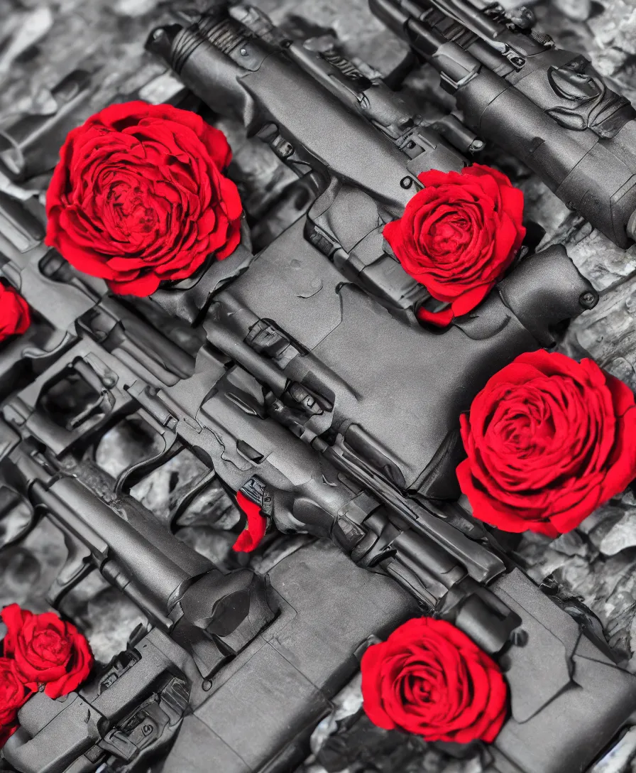 Image similar to close up guns and red roses, ultra detailed, photorealistic, trending on artstation, 4 k, 8 k