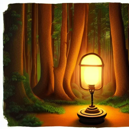 Image similar to a genie’s lamp surrounded by forest, fantasy illustration