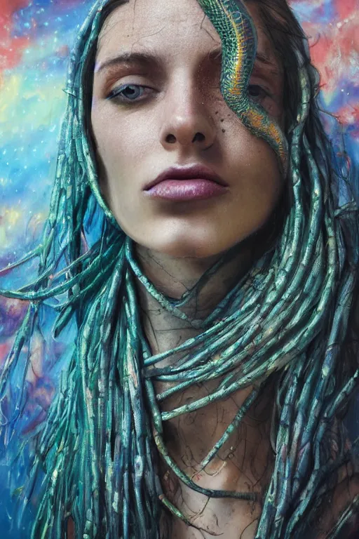 Image similar to hyperrealism oil painting, close - up portrait of face from a tangle of snakes fashion model, knight, street art gradient mixed with nebula sky, in style of baroque