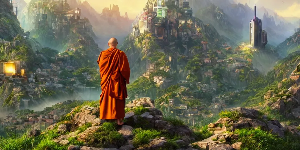 Image similar to a cinematic composition where a monk sits atop a mountain radiating his transformative energy to shift the cyberpunk civilization in the valley to a lush green overgrowing solarpunk civilization that is on top of the mountain