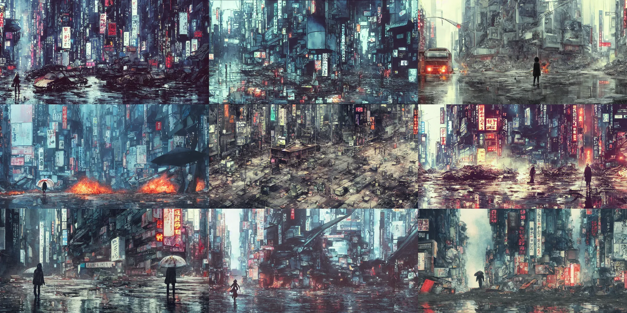 Prompt: incredible wide screenshot, ultrawide, simple water color, paper texture, katsuhiro otomo ghost in the shell movie scene, backlit shot girl in parka, wet dark road, parasol in deserted junk pile shinjuku, broke machines, bold graffiti, earthquake destruction, reflection, foggy, destroyed robots, burning bus on fire