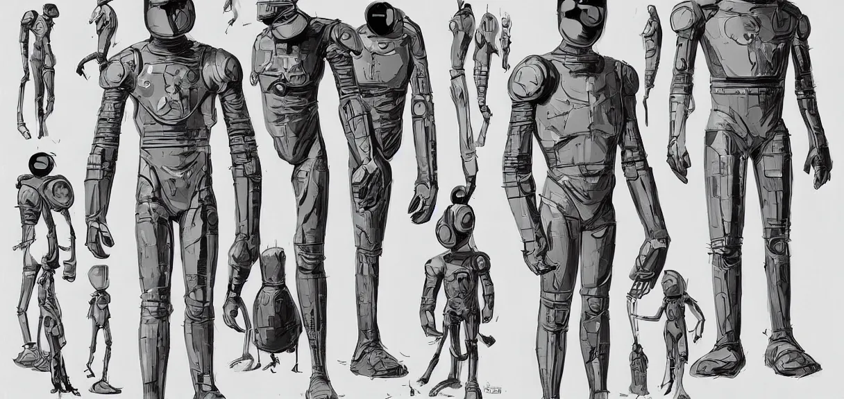 Image similar to male, full body, space suit with a modern helmet, large shoulders, short torso, long thin legs, tiny feet, character sheet, science fiction, very stylized character design, digital painting, by mike mignola, by alex maleev, jean giraud