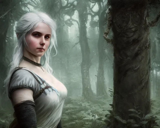 Image similar to 5 5 mm portrait photo of a real life ciri, in a magical forest. dark atmosphere. art by greg rutkowski. highly detailed 8 k. intricate. lifelike. soft light. nikon d 8 5 0.