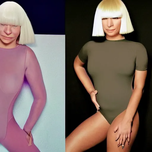 Image similar to sia furler wearing a skin colored leotard full body artistic photoshoot